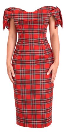 The Pretty Dress Tilly Red Tartan Off the Shoulder BOW Pencil Dress