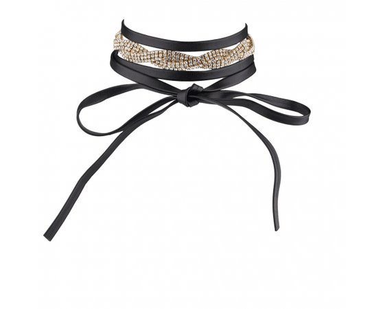 Black Pu Leather and Gold Tone Crystal Braided Wrap Choker - Necklaces