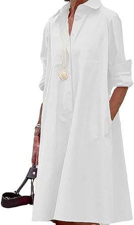 Womens Button Down Shirt Dress 2024 Casual Fall Long Sleeve Collar Loose A Line Midi Dress with Pockets at Amazon Women’s Clothing store
