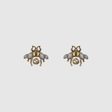 aged gold finish Bee earrings with crystals | GUCCI® CA