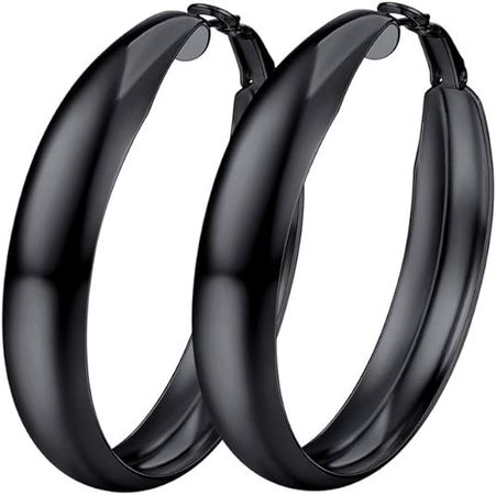 Amazon.com: U7 Black Hoop Earrings 40mm Click-top European Style Chic Stainless Steel Loop Earrings|Womens Chunky Hoops with Sterling Silver Post: Clothing, Shoes & Jewelry