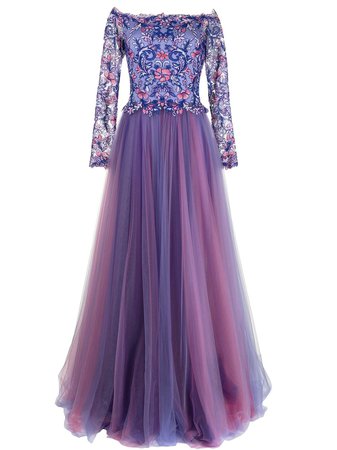 Shop purple Tadashi Shoji Eshima Ethereal floral-embroidered tulle gown with Express Delivery - Farfetch