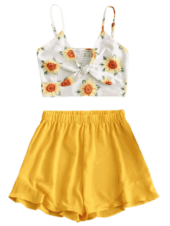 Smocked Knotted Sunflower Top And Shorts Set