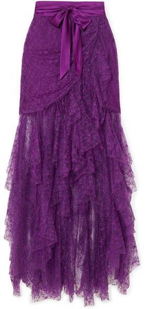 Satin-trimmed Ruffled Lace Maxi Skirt - Purple