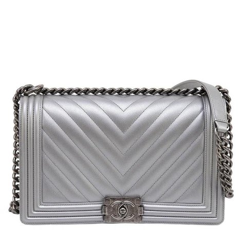 Chanel Metallic Grey Silver Boy Bag Caviar Leather | Baghunter