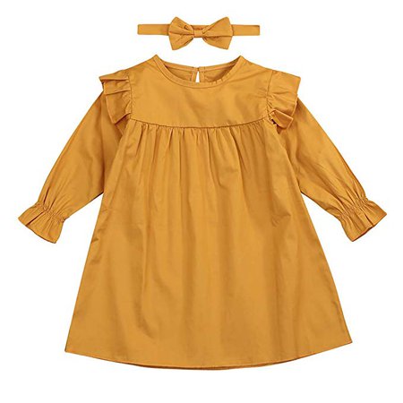 Amazon.com: Babibeauty Baby Girl Solid Ruffle Long Sleeve Casual Dress with Headband (Yellow (Long), 80/6-12 Momths): Clothing