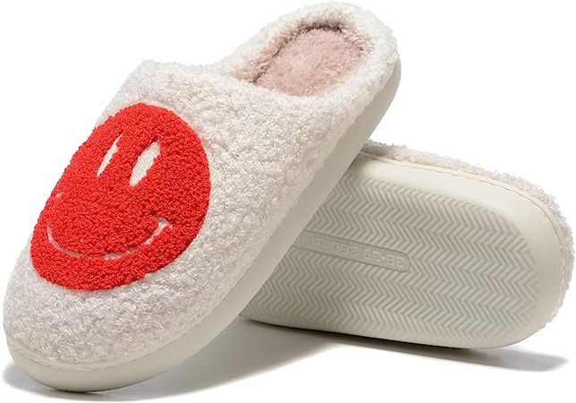 Red Retro Fuzzy Face Slippers for Women Men, Retro Soft Fluffy Warm Home Non-Slip Couple Style Casual Smiley Face Slippers Indoor Outdoor Anti-Skid Warm Cozy Foam Slide Fuzzy Slides with Soft Memory Foam Shoes | Shoes