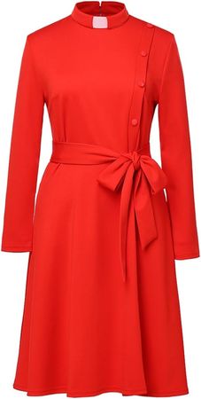 FAD-4U Church Clergy Dress for Women Spring/Autumn Long Sleeve Rows Buttons A Line Dress with Tab Collar and Belt at Amazon Women’s Clothing store