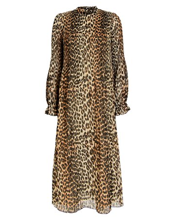GANNI | Pleated Georgette Leopard Dress | INTERMIX®