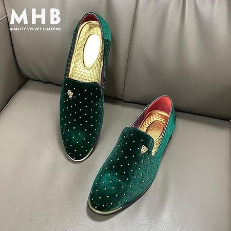Amazon.com | MHB Men's Luxury Velvet Loafers Pointed-Toe Slip-on Suede Dress Shoes for Men Rivet Smoking Slipper Green Size 8 | Loafers & Slip-Ons