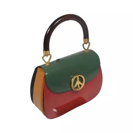 MOSCHINO Peace and Love Colour Block Leather Handbag with Wood Handle Optional Strap For Sale at 1stDibs