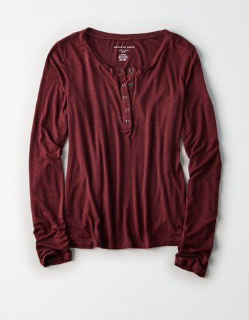 AE Soft & Sexy Long Sleeve Henley T-Shirt, Burgundy | American Eagle Outfitters
