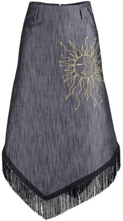 MUZA - Fringed Denim Skirt With Asymmetric Hem