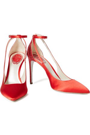 Tomato red Leather-trimmed crystal-embellished satin pumps | Sale up to 70% off | THE OUTNET | RENE' CAOVILLA | THE OUTNET