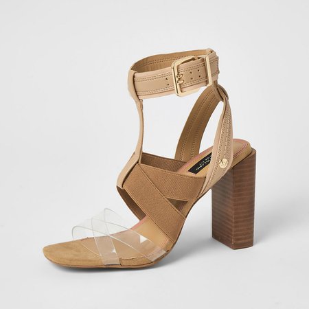 Brown elasticated strap wide fit heel sandals | River Island
