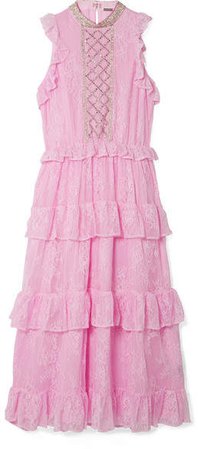 Dodo Bar Or - Ruffled Crystal-embellished Lace Midi Dress - Baby pink