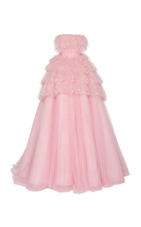 Light Pink Glitter Puffy Ruffle Strapless Gown