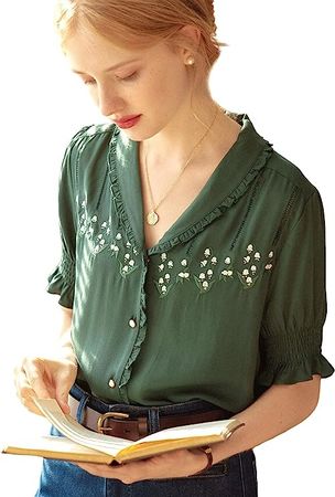 SIMPLE RETRO Women's Floral Embroidery Frill Trim Button Front Short Puff Sleeves Blouse Dark Green M at Amazon Women’s Clothing store