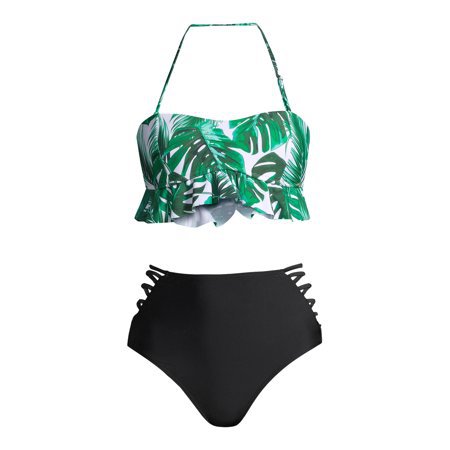 XOXO - XOXO Ruffled Peplum Bandeau Bikini Top With Strappy Side High Waist Bikini Bottom Swimsuit, 2-Piece Set - Walmart.com black green
