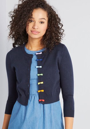 Colorfully Sweet Cropped Cardigan in Navy Blue Bows | ModCloth
