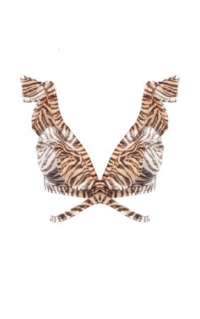Cream Zebra Frill Tie Front Bikini Top | PrettyLittleThing USA