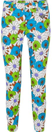 Floral-print Cotton-blend Twill Skinny Pants - Green