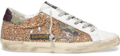 Superstar Glittered Distressed Leather Sneakers