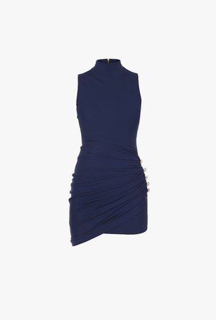 Balmain | Pleated navy blue jersey dress