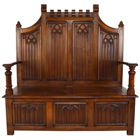 French Gothic Hall Chest Bench in Carved Walnut, circa 1890 For Sale at 1stdibs