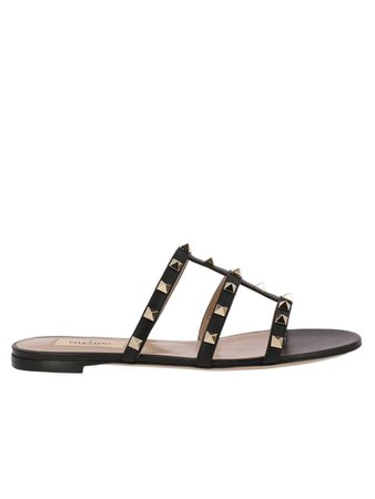 VALENTINO Flat Sandals Rockstud Sandal Flats In Genuine Laminated Leather With Metal Studs, Black | ModeSens
