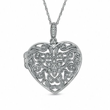 1/10 CT. T.W. Diamond Filigree Heart Locket in Sterling Silver | Diamond Necklaces | Necklaces | Zales