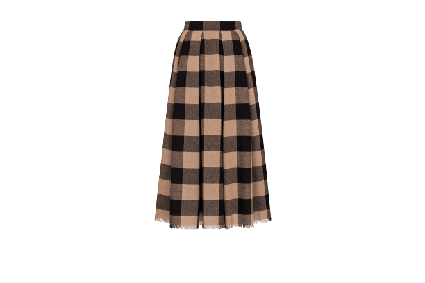 BUTTONED MIDI SKIRT Beige and Black Check Wool