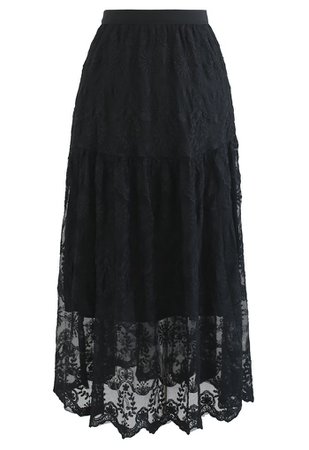 Mysterious Flower Embroidered Mesh Midi Skirt in Black - Retro, Indie and Unique Fashion