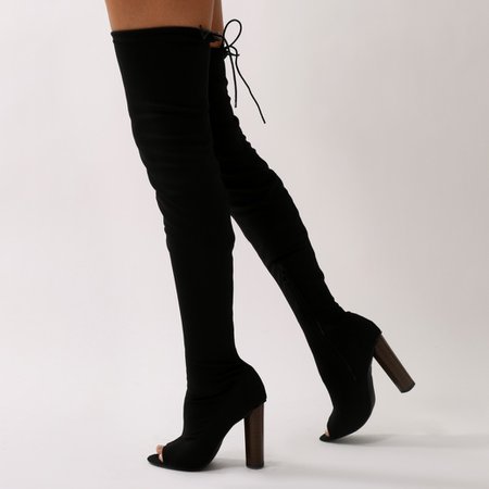 Carissa Peeptoe Knitted Long Boots in Black | Public Desire