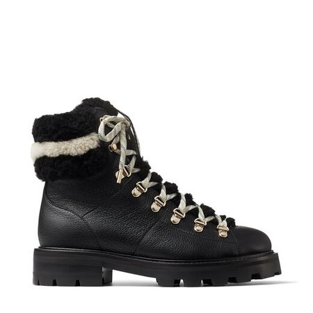 Black Grainy Leather Hiking Boots with Natural and Black Shearling Collar | ESHE FLAT SHEARLING| Autumn-Winter 2020 | JIMMY CHOO