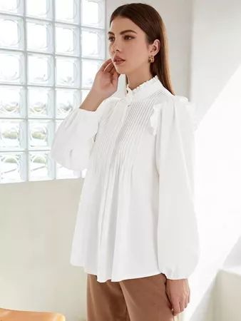 Frill Neck Pleated Button Up Blouse | SHEIN USA