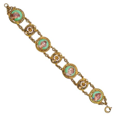 Antique Victorian Brass Bracelet Hand Painted Goddesses 1890's For Sale at 1stdibs