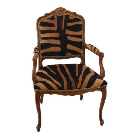 1950s Carved Hardwood & Tiger Cowhide Upholstered Armchair | Chairish