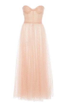 Dotted Tulle Strapless Tea Length Gown by Monique Lhuillier | Moda Operandi