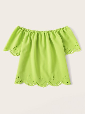 Neon Green Laser Cut Off The Shoulder Blouse | SHEIN