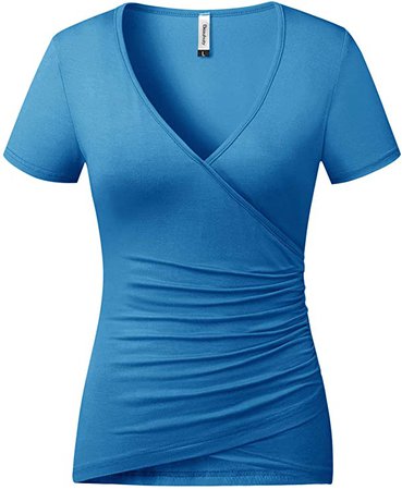 Beauhuty Womens Fitted Shirts Deep V Neck Ruched Tops Front Surplice Wrap T-Shirt Short Sleeve Tees (S, Short-Blue) at Amazon Women’s Clothing store