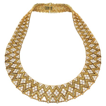 1960s Buccellati Gold and Diamond Zig Zag Bib Collar Necklace
