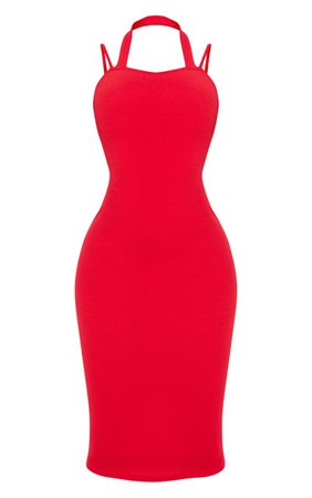 Red Double Strap Halterneck Midi Dress | PrettyLittleThing USA