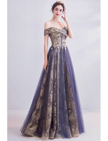 Classical Gold With Purple Tulle Prom Dress With Off Shoulder Wholesale #T76013 - GemGrace.com