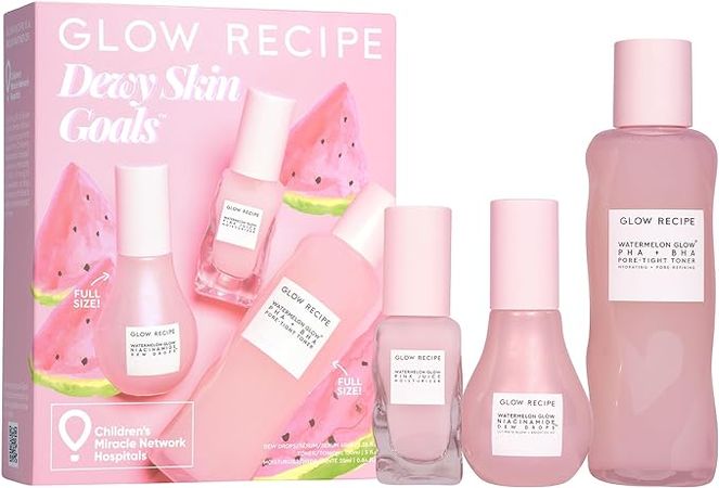 Glow Recipe Dewy Skin Goals Holiday Kit - Watermelon Glow Niacinamide Dew Drops (40ml) - PHA+AHA Pore-Tight Toner (150ml) - Pink Juice Face Moisturizer (25ml) - Smooth, Brighten, & Hydrate Skin (3-Pc) : Amazon.co.uk: Beauty