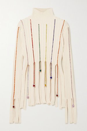 AREA | Fringed crystal-embellished ribbed cotton-blend sweater | NET-A-PORTER.COM