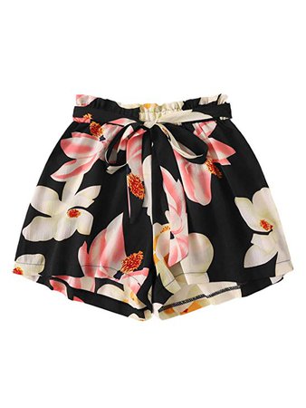 WDIRARA Women's Casual Floral Print Elastic Waist Self Tie Belted Chiffon Shorts at Amazon Women’s Clothing store:
