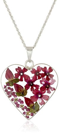 Amazon.com: Sterling Silver Pressed Flower Burgundy Heart Pendant Necklace, 18": Jewelry