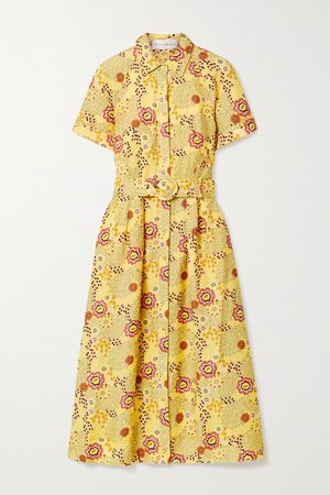 Sahara Belted Floral-print Linen-blend Midi Dress - Yellow