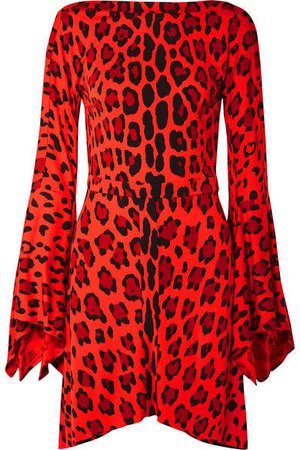 Open-back Leopard-print Jersey Mini Dress - Red